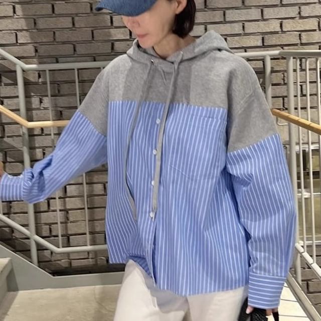 Coris-Striped Panel Button-Up Hooded Jacket