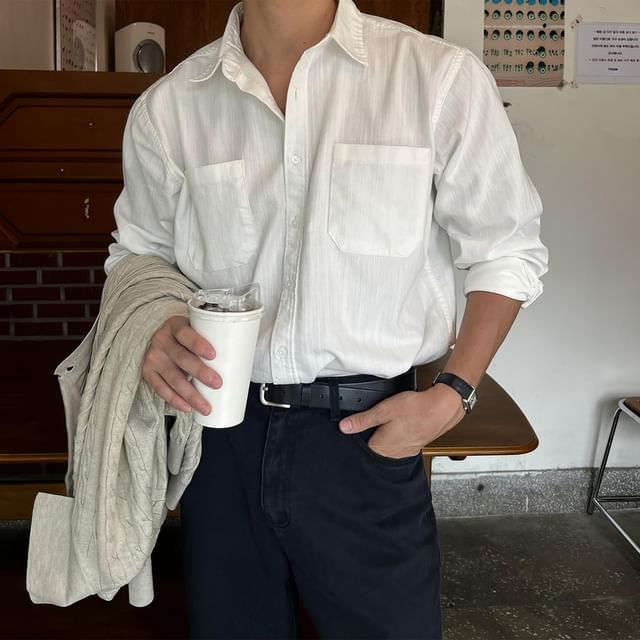 mopagrati-Long-Sleeve Button-Up Plain Shirt