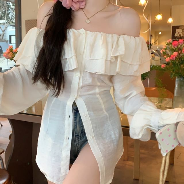 KUMI-Puff-Sleeve Off-Shoulder Plain Ruffle Blouse