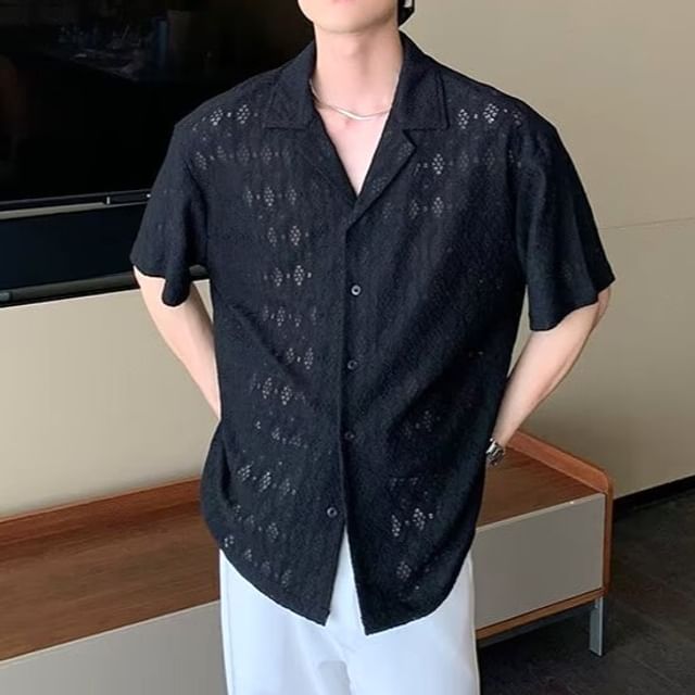 Lingaris-Short-Sleeve Button-Up Lace Shirt