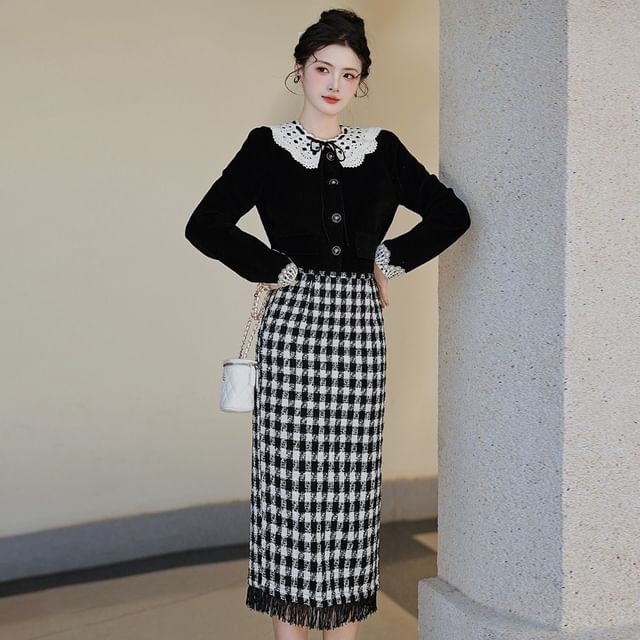 sansweet Set: Long-Sleeve Peter Pan Collar Lace Panel Button-Up