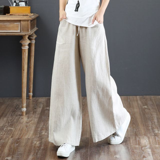 Shinsei-Drawstring Waist Plain Wide Leg Pants