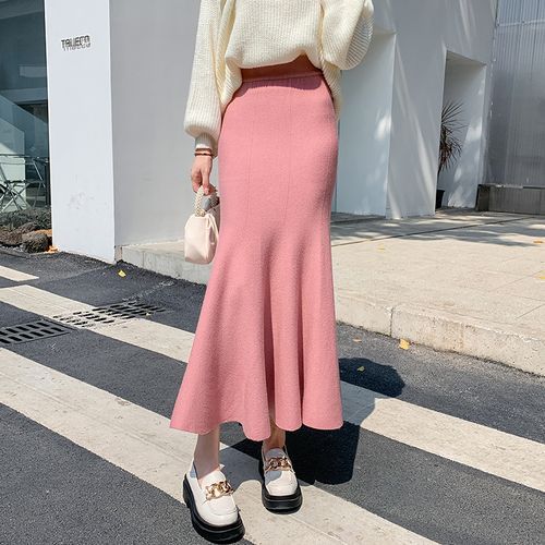 Juuri - High Waist Plain Knit Midi Mermaid Skirt | YesStyle