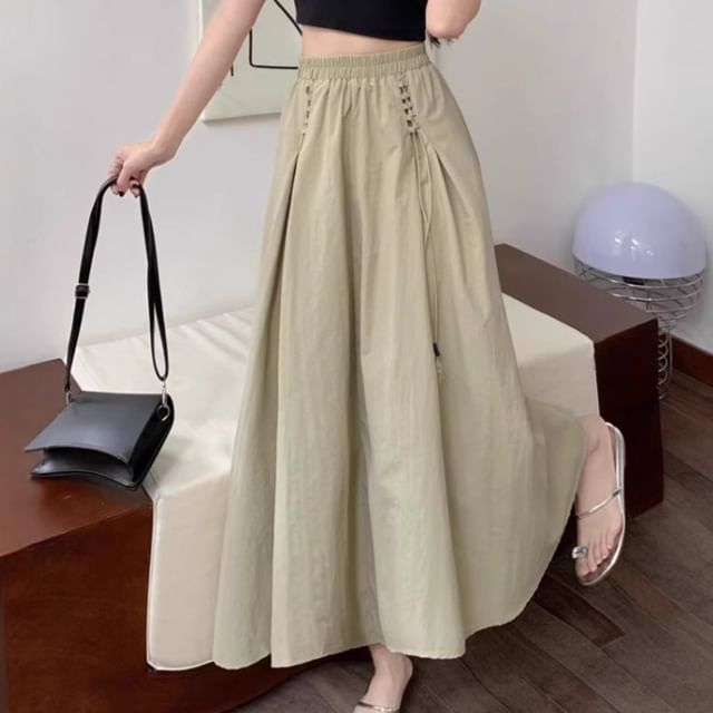 Cloud Nine-Elastic Waist Plain Drawstring Midi A-Line Skirt