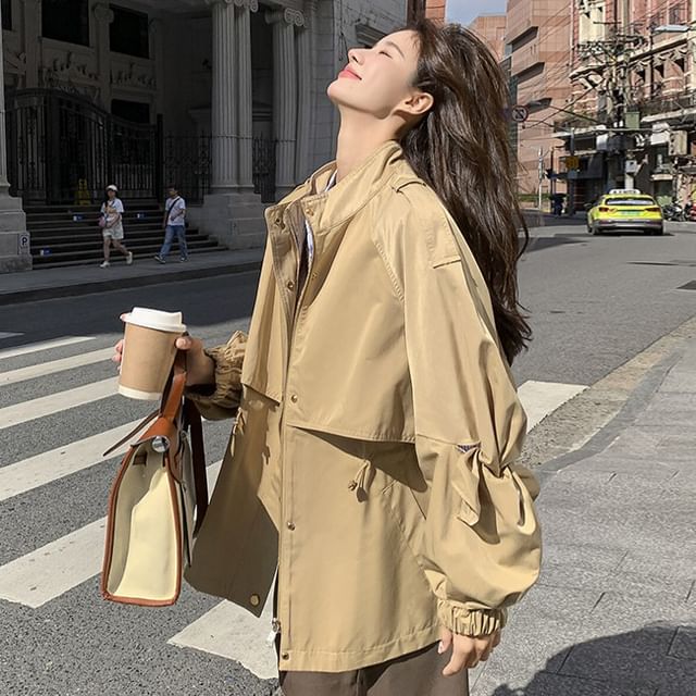 Tzarkozy-Stand Collar Plain Button Up Jacket
