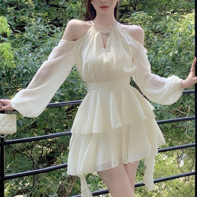 CosmoCorner - Cold-Shoulder Puff-Sleeve Faux Pearl Plain Mini A-Line Layered Dress | YesStyle CosmoCorner - Cold-Shoulder Puff-Sleeve Faux Pearl Plain Mini A-Line Layered Dress | YesStyle