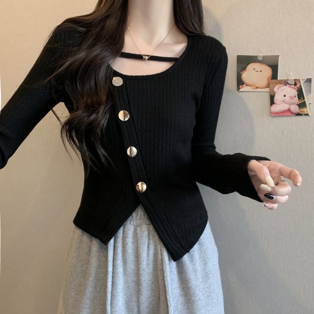 Dragan Pulse-Long-Sleeve Scoop Neck Plain Asymmetrical Button Ribbed Knit Top