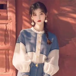 Everose-Long-Sleeve Round Neck Two Tone Button Blouse
