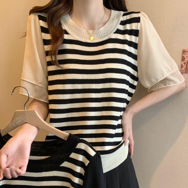 Dragan Pulse-Short-Sleeve Round Neck Striped Panel Knit Top