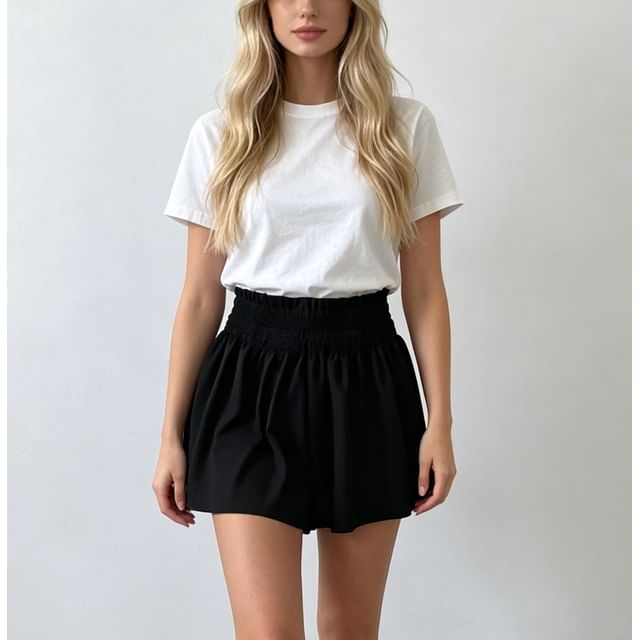 Asiris-Elastic Waist Plain Mini A-Line Skort