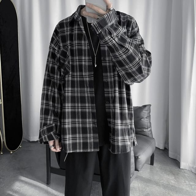 Macho-Long Sleeve Collared Plaid Button Up Shirt