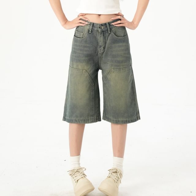 Porstina-Low Rise Washed Denim Shorts