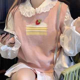 Ukiyo Puff Sleeve Eyelet Lace Trim Plain Blouse Round Neck Cake Print Knit