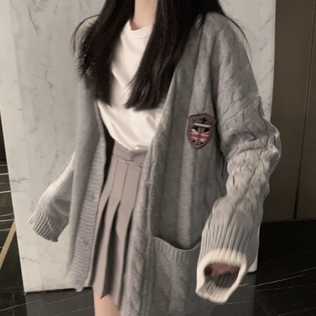 FR-V-Neck Patched Button-Up Cardigan