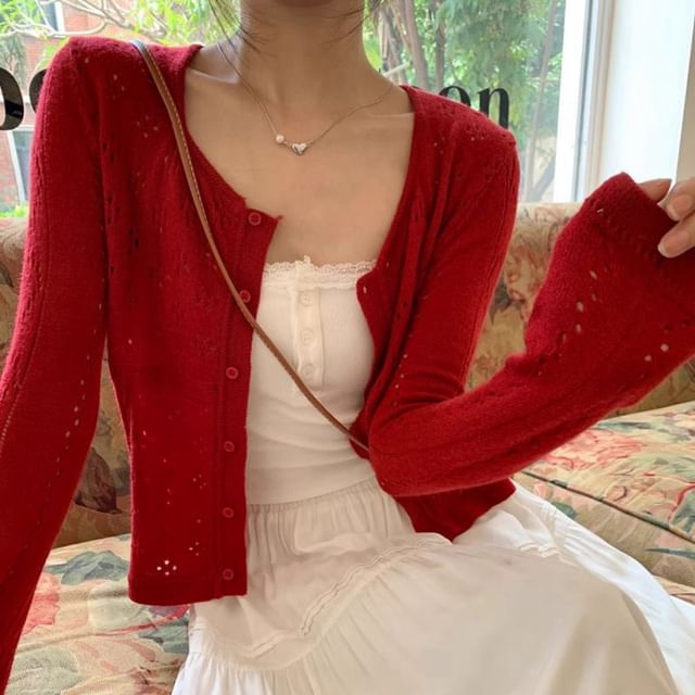 Isaaca-Scoop Neck Perforated Button-Up Plain Crop Cardigan