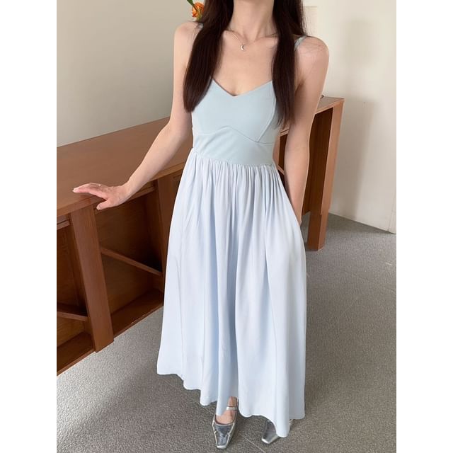 Gilmort-Spaghetti Strap V-Neck Plain Maxi A-Line Dress