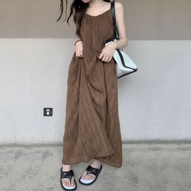 chinese dress ladies Tartan Red Plaid Cotton Maxi Dress Xs/S / Red