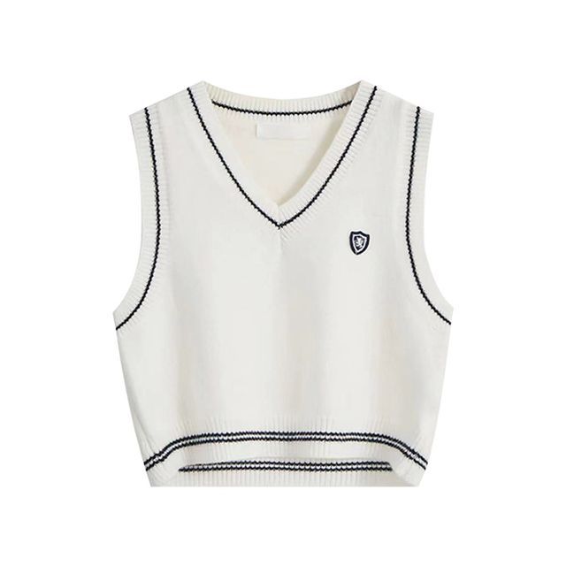 Bolgivy - V-Neck Plain Hook And Eye Slit Crop Sweater Vest