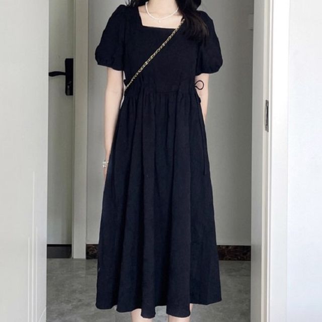 wandajack - Puff-Sleeve Square-Neck Plain Midi A-Line Dress | YesStyle