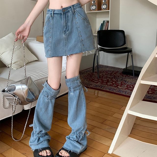 Sevilla Mid Waist washed Mini A-Line Denim Skirt Drawstring