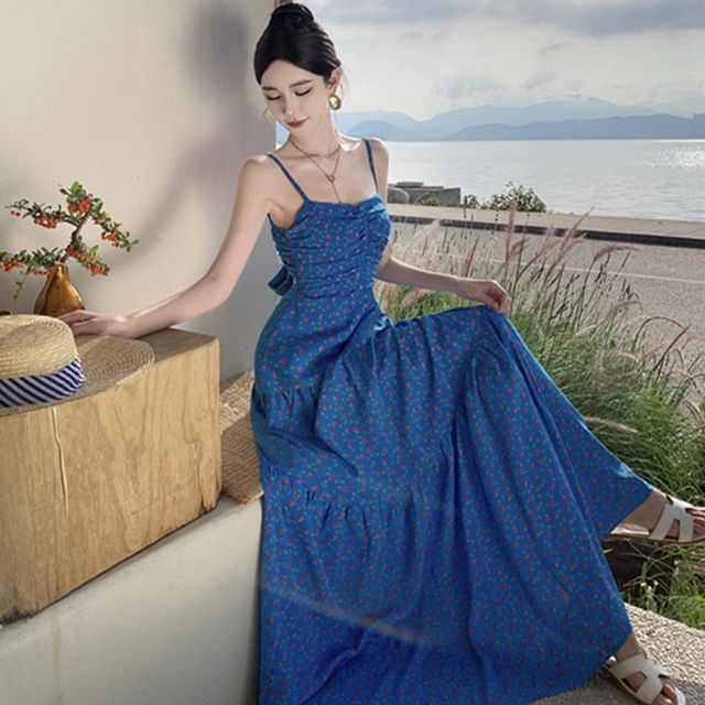 Spaghetti Strap Backless Floral Print Maxi Sun Dress