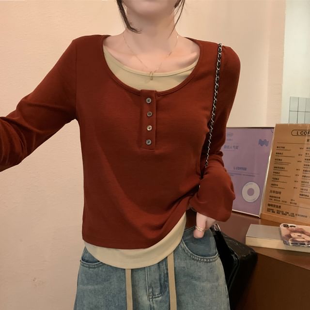 Dragan Pulse-Long-Sleeve Crew Neck Mock Two-Piece Two Tone Tee