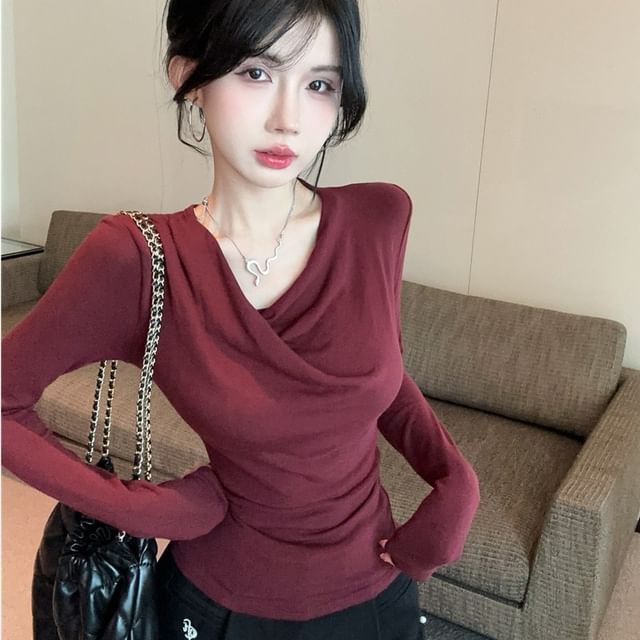 Whoosh-Long-Sleeve Cowl Neck Plain T-Shirt
