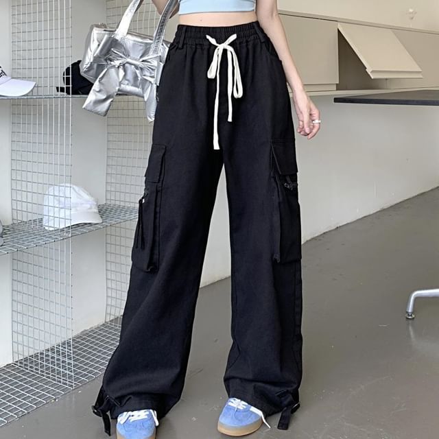 OGAWA-Drawstring Waist Plain Baggy Cargo Pants