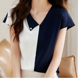 Dragan Pulse-Short-Sleeve V-Neck Two Tone Blouse