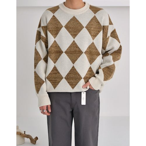 Drop Shoulder Argyle Sweater