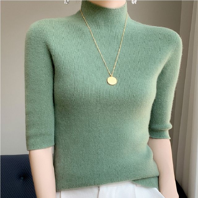 Weelop-Elbow-Sleeve Mock Neck Plain Ribbed Knit Top