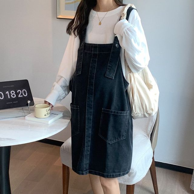12th Tone - Maternity Denim Jumper Dress | YesStyle