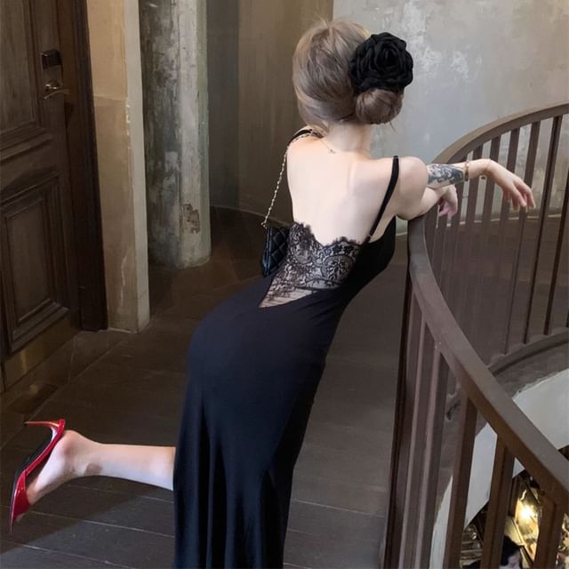 Magma-Spaghetti Strap Plain Backless Lace Panel Maxi Sheath Dress
