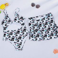 Frutto - Couple Matching Tree Print Cut-Out Swimsuit / Swim Trunks