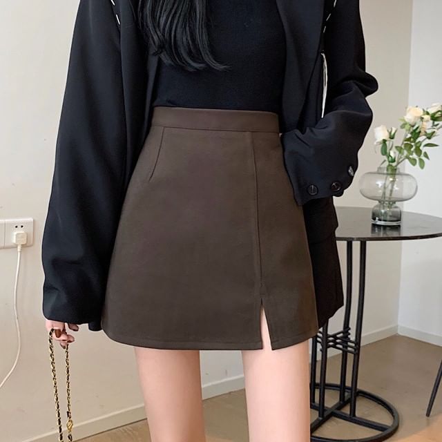Cloud Nine-High Waist Plain Side-Slit Mini Pencil Skirt