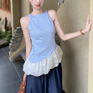 Beem-Halter Neck Gingham Asymmetrical Bubble Hem Top High Rise Wide Leg Jeans