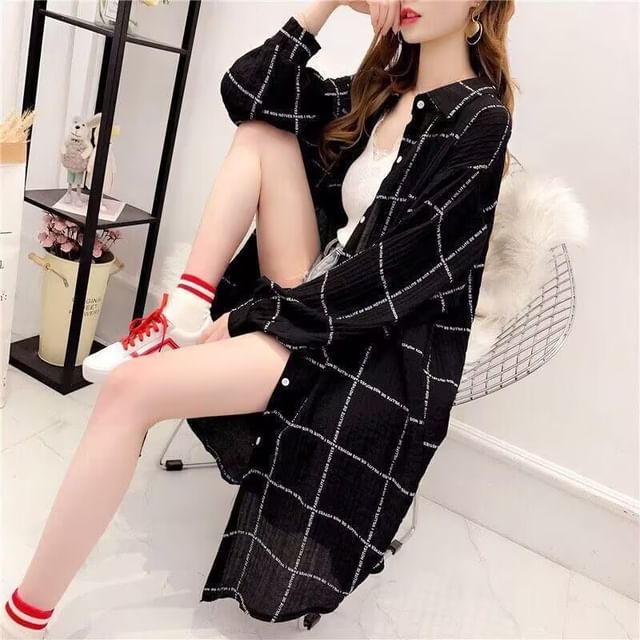 Happo-Long-Sleeve Plaid Button-Up Long Shirt