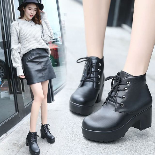 Vindler-Lace-Up Platform Chunky Heel Ankle Boots