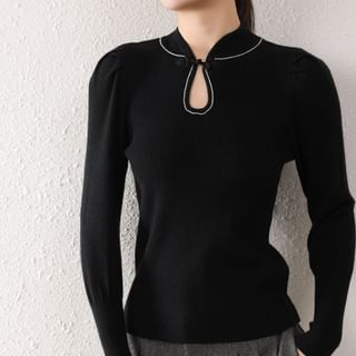 Cloud Nine-Long Sleeve Mandarin Collar Plain Keyhole Frog Closure Ribbed Knit Top