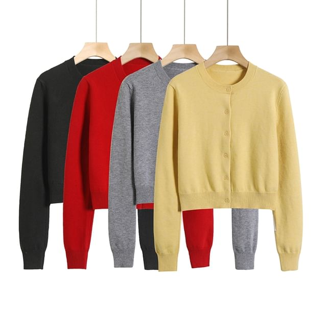 Ulark-Crew Neck Plain Button-Up Crop Cardigan