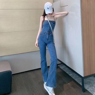 strappy denim jumpsuit