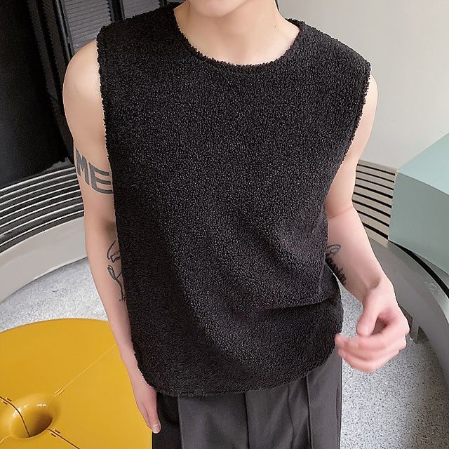 Omozando-Round Neck Plain Fleece Tank Top