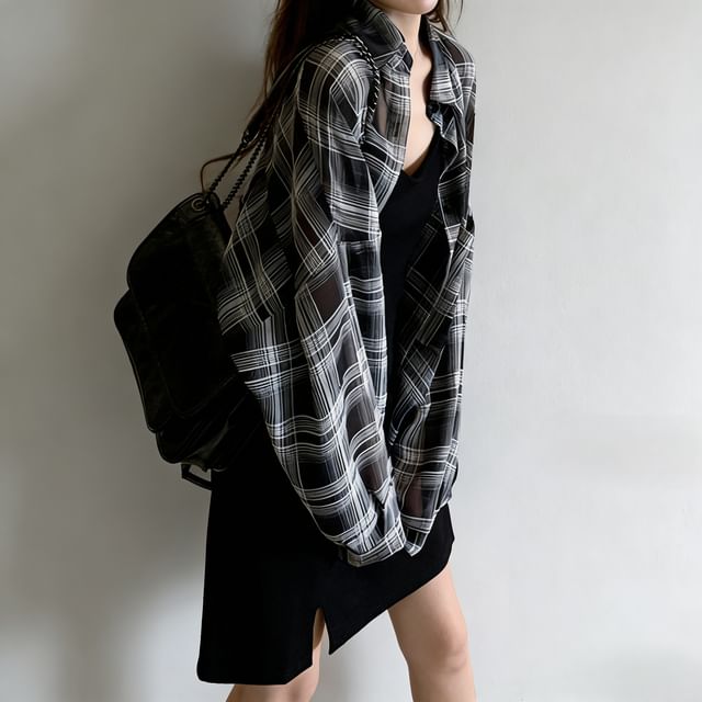 Inchioh Spaghetti Strap Plain Slit Mini Dress Button-Up Plaid