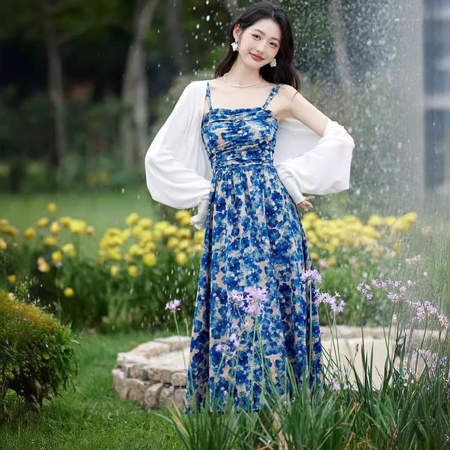 Spaghetti Strap Floral Print Shirred Ruffled Midi A-Line Dress / Plain  Shrug / Set