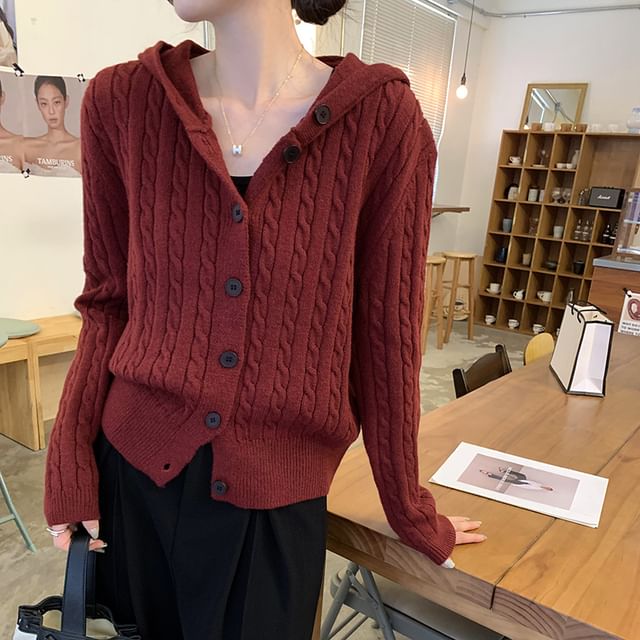 Dragan Pulse-Plain Hooded Cable Knit Button-Up Cardigan