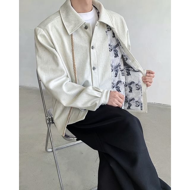 Omozando-Lapel Collar Plain Button Up Shirt Jacket