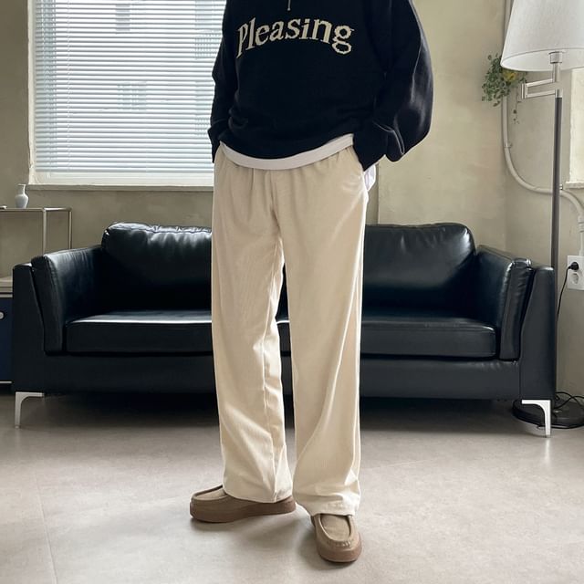 MRCYC-Drawstring Waist Plain Corduroy Straight Leg Pants