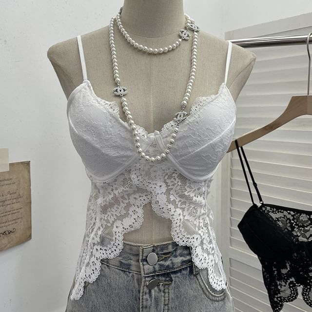 Allinya-V-Neck Plain Padded Panel Lace Cami Top