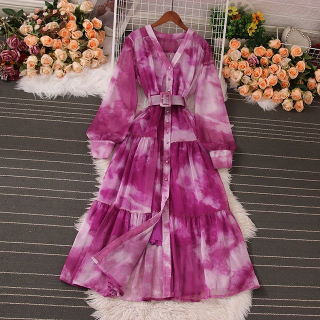 Yolandus Set: Long-Sleeve V-Neck Tie Dye Button-Up Midi A-Line