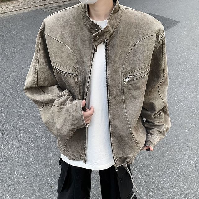 Fushet-Stand Collar Washed Denim Zip Up Oversized Jacket